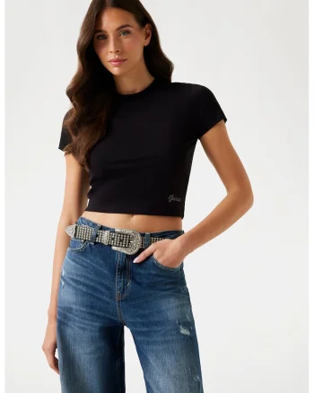 Tricou crop slim fit, Negru