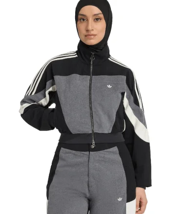 Bluza de trening cu fermoar si guler mediu, Negru/Alb murdar/Gri inchis