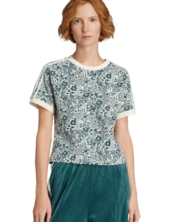 Tricou cu model floral, Alb fildes/Albastru petrol