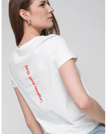 Tricou de bumbac organic cu imprimeu pe partea din spate, Alb optic/Rosu vermillion