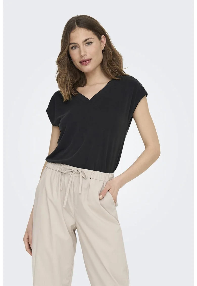 Tricou din amestec de modal cu decolteu in V, Negru