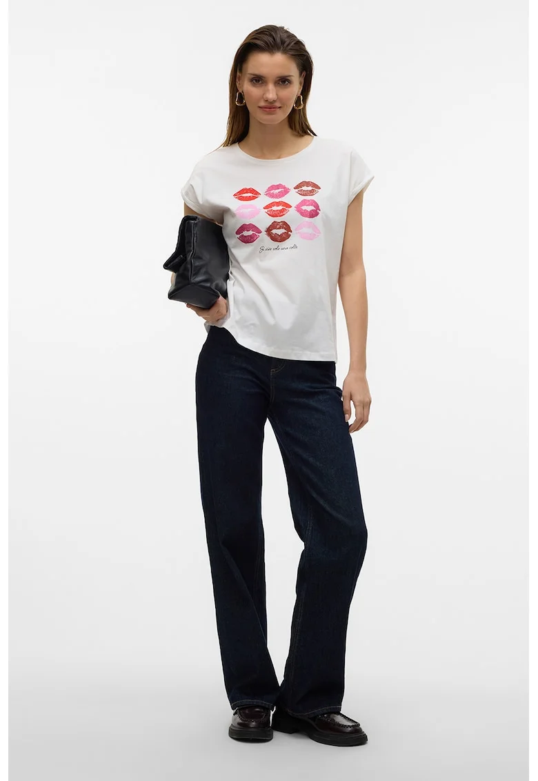 Tricou de bumbac organic cu imprimeu grafic, Rosu/Alb/Roz
