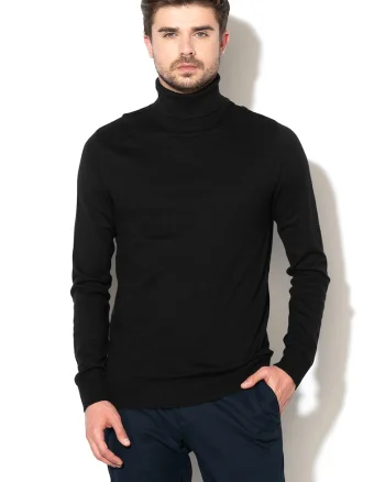 Pulover tricotat fin cu guler inalt Emil, Negru