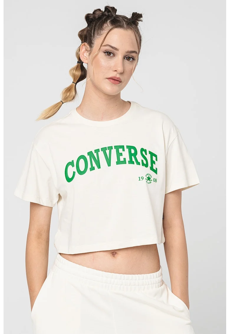Tricou crop din bumbac Collegiate, Verde/Alb murdar