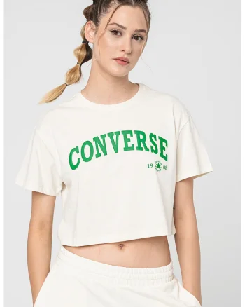 Tricou crop din bumbac Collegiate, Verde/Alb murdar