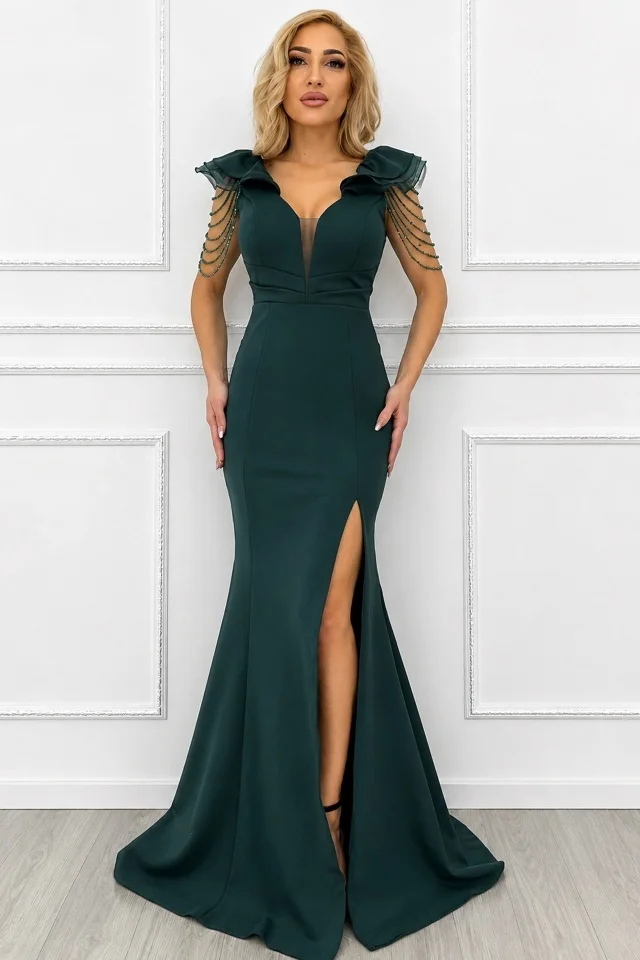 Rochie lunga, siraguri din cristale Valerina cu trena, Verde, Marime S/M
