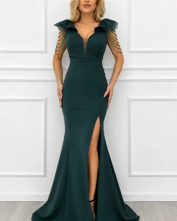 Rochie lunga, siraguri din cristale Valerina cu trena, Verde, Marime S/M