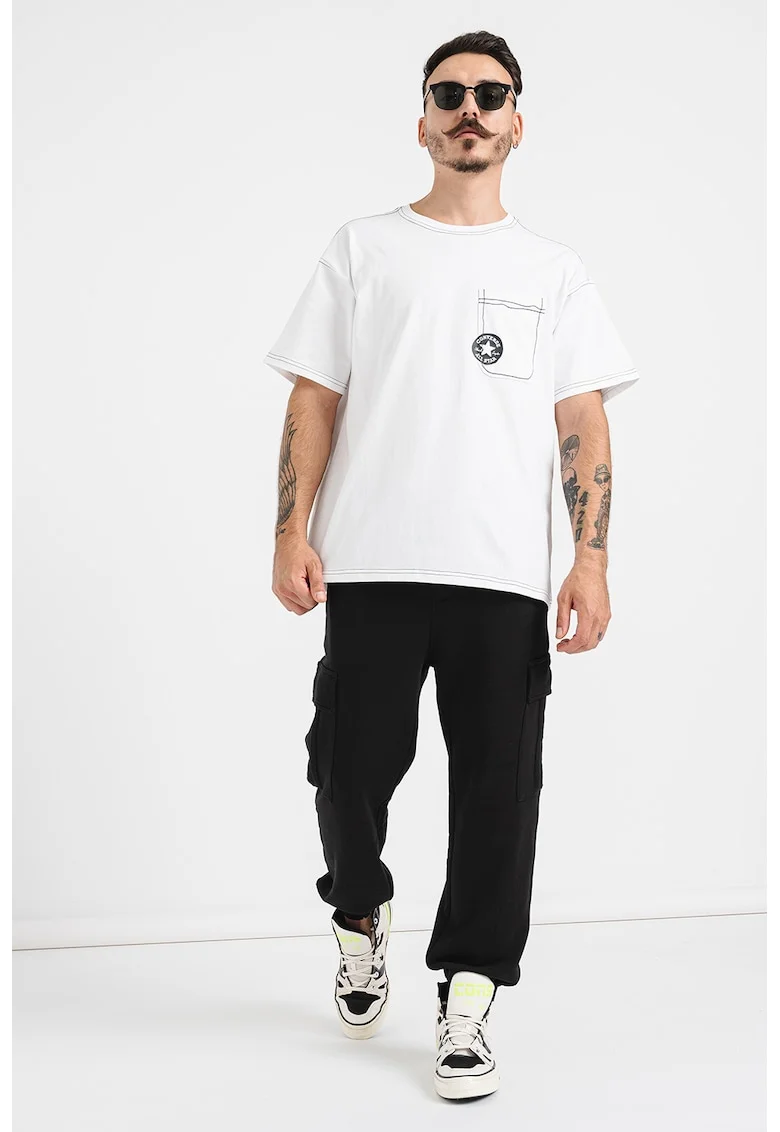 Tricou cu buzunar aplicat pe piept Sketch, Alb