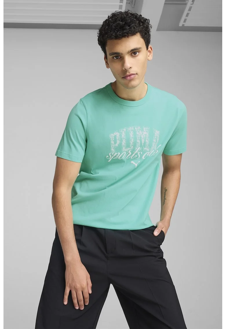 Tricou cu decolteu la baza gatului si imprimeu logo, Turcoaz