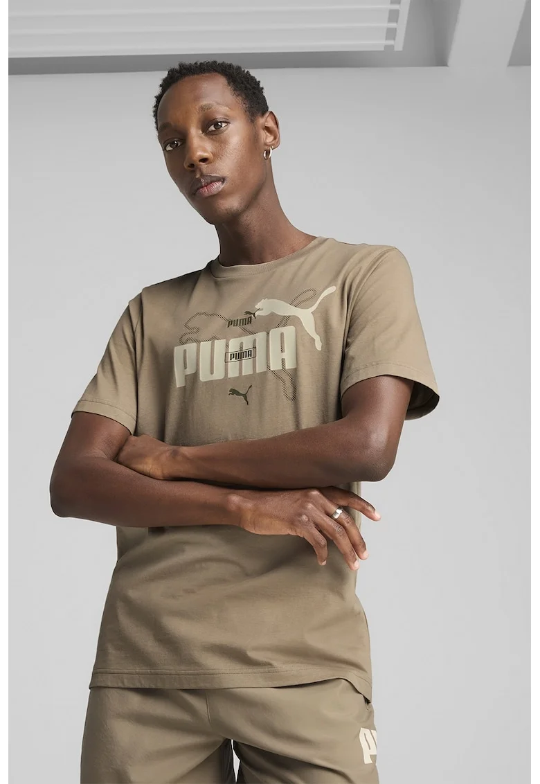 Tricou cu decolteu la baza gatului si imprimeu logo, Maro deschis