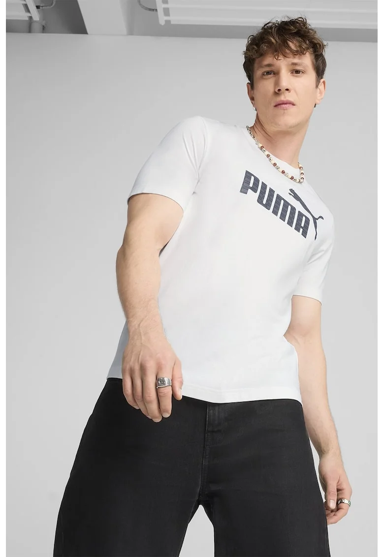 Tricou din bumbac cu decolteu la baza gatului si logo
