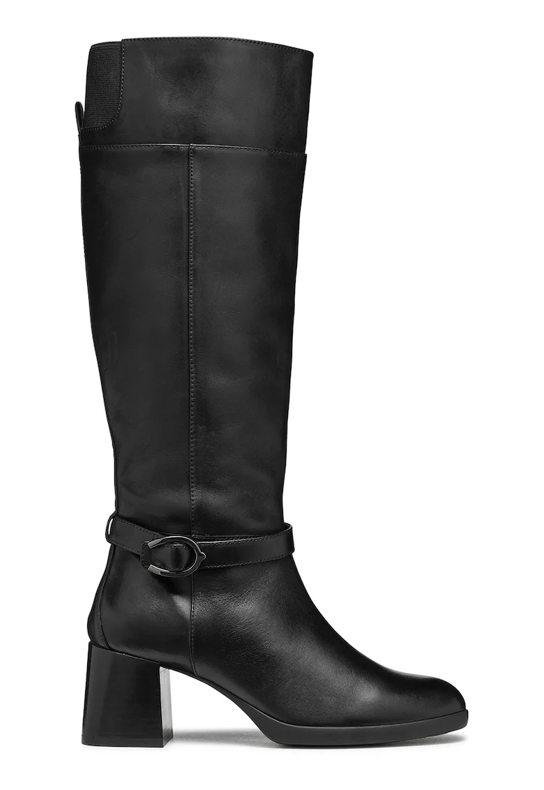 Cizme lungi pana la genunchi din piele cu insertie elastica, Negru