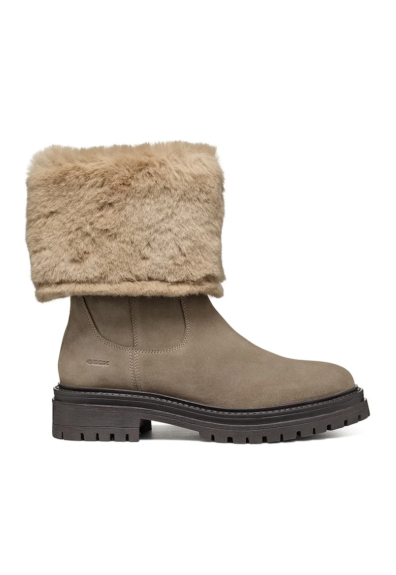 Cizme mid-calf de piele cu garnituri de blana sintetica, Maro taupe