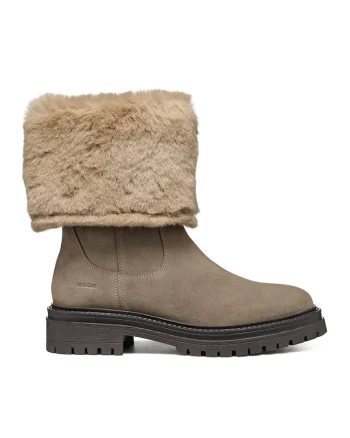 Cizme mid-calf de piele cu garnituri de blana sintetica, Maro taupe