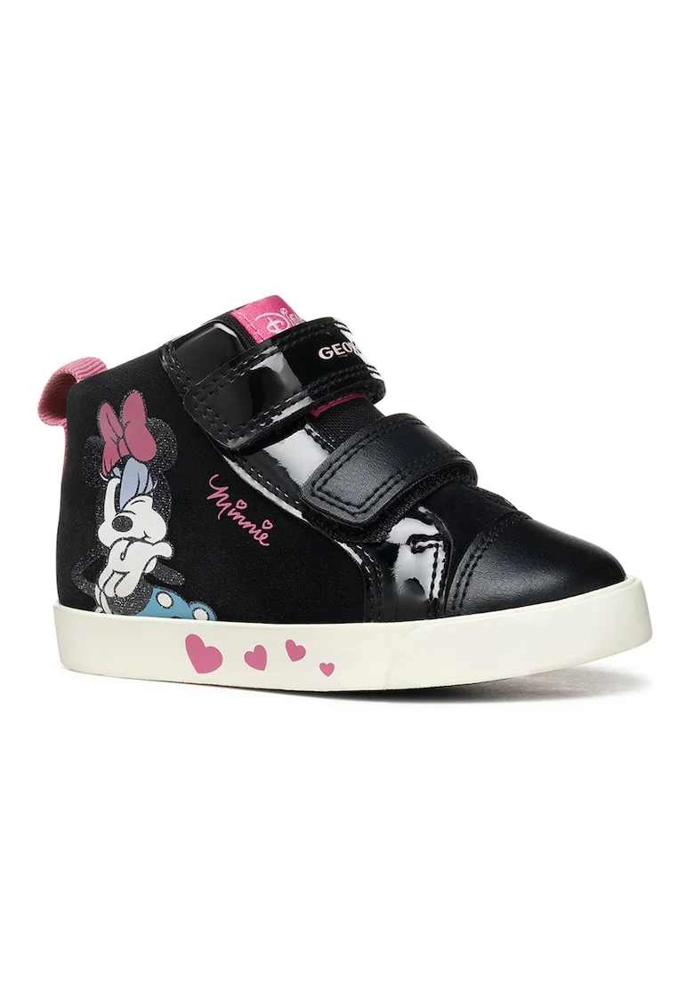 Pantofi sport cu garnituri din piele intoarsa si detaliu cu Minnie Mouse, Negru/Alb murdar/Roz
