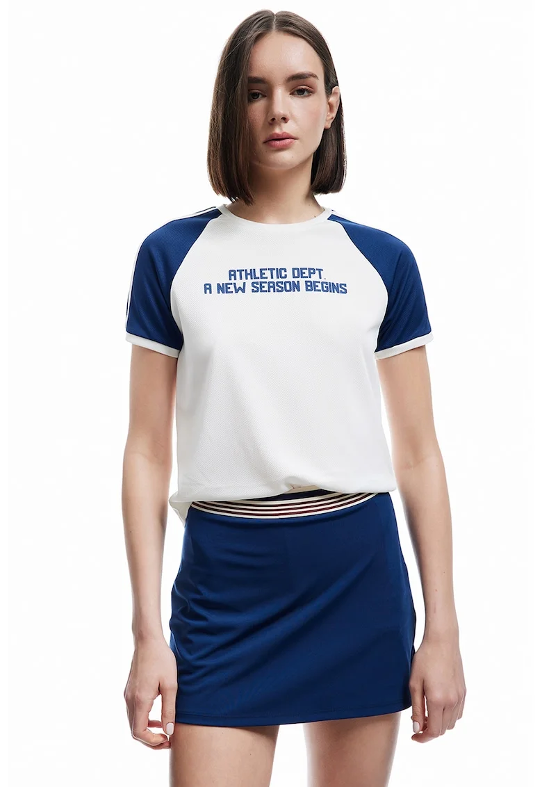 Tricou cu imprimeu text, Albastru inchis/Alb murdar