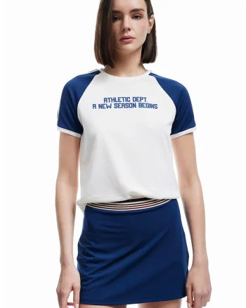 Tricou cu imprimeu text, Albastru inchis/Alb murdar
