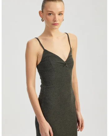 Rochie midi cambrata cu bretele inguste, Argintiu/Gri inchis