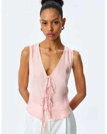 Bluza cu decolteu in V fara maneci, Roz pastel