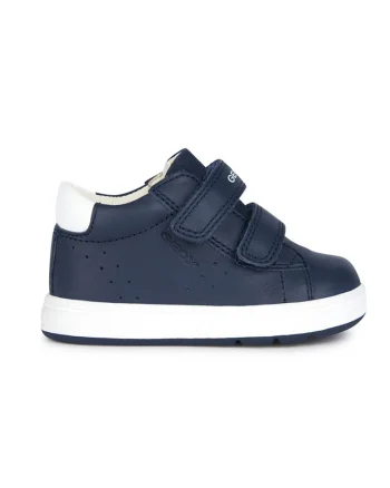 Pantofi sport de piele cu insertii de piele intoarsa si velcro, Bleumarin