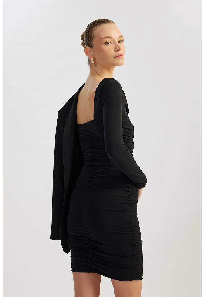 Rochie mini cambrata cu model uni, Negru