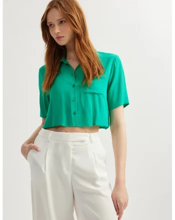 Camasa crop cu maneci scurte, Verde aquamarin