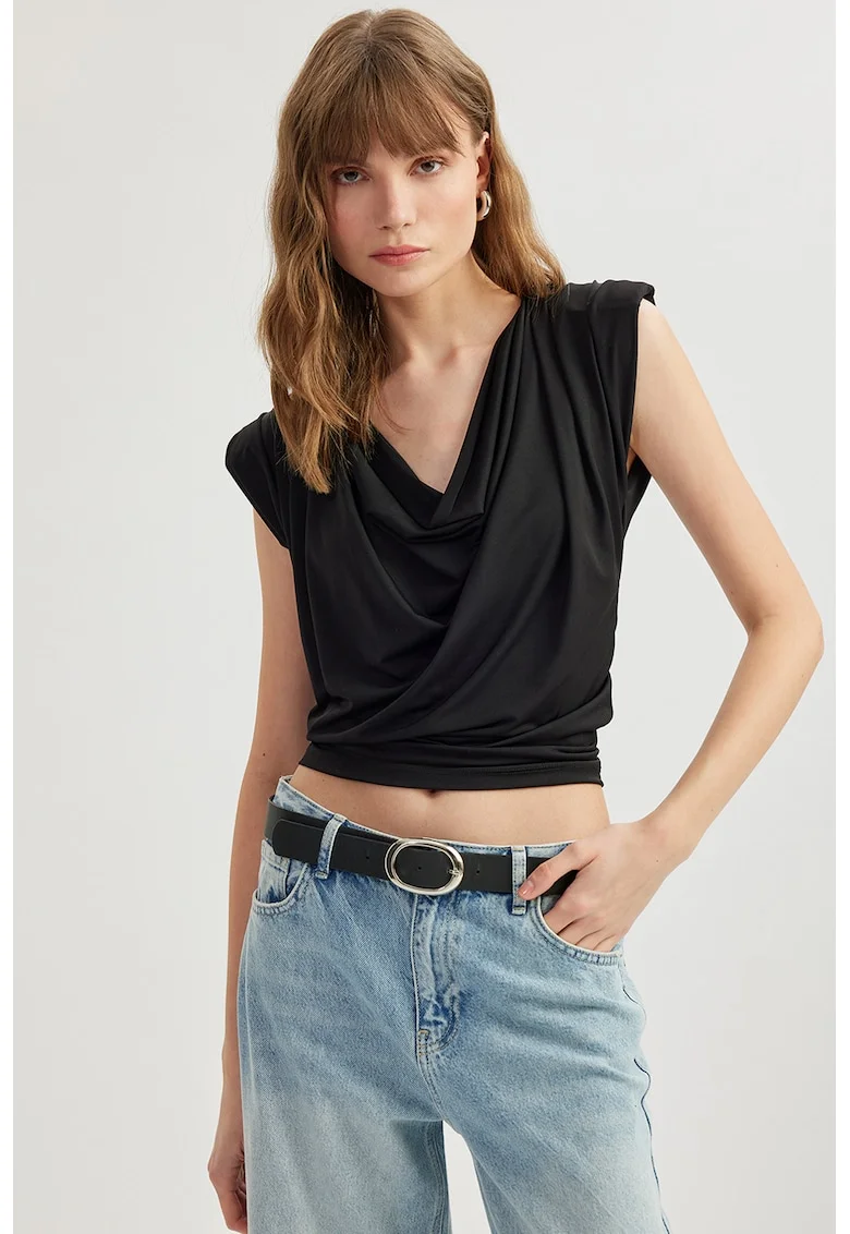 Tricou crop drapat, Negru