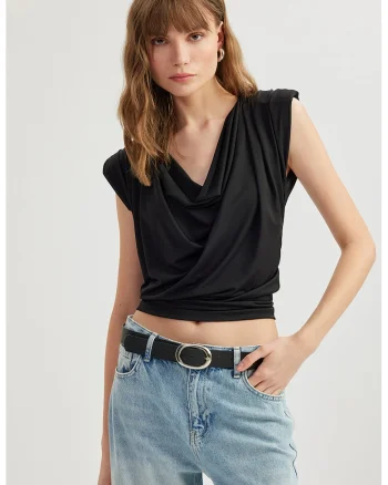 Tricou crop drapat, Negru