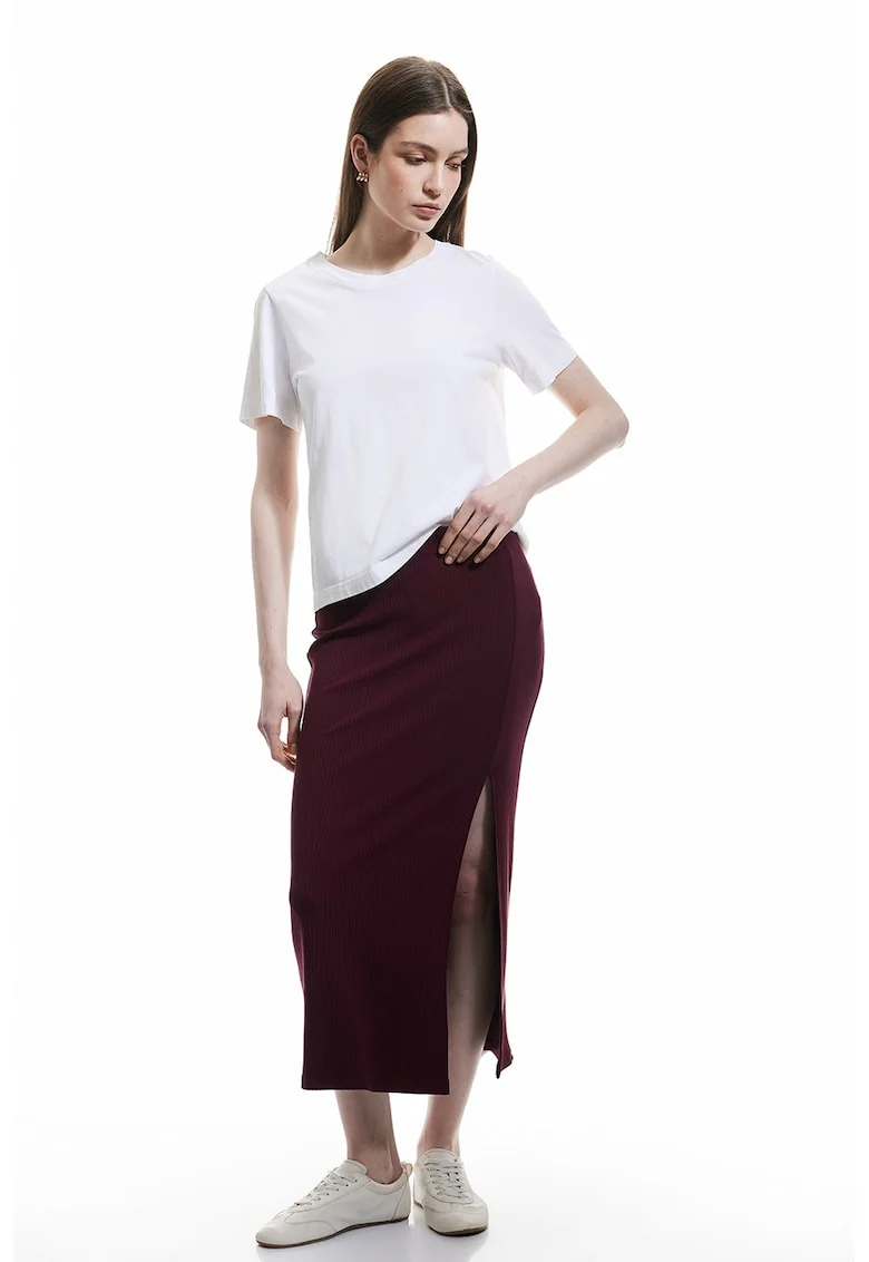 Fusta slim fit striat, Rosu inchis