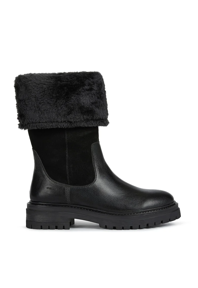 Cizme mid-calf de piele si piele intoarsa cu garnitura de blana sintetica, Negru