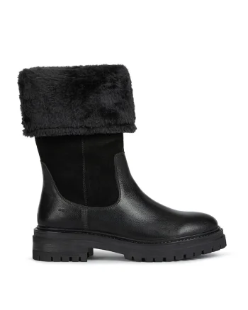 Cizme mid-calf de piele si piele intoarsa cu garnitura de blana sintetica, Negru