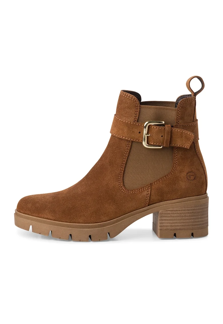 Ghete Chelsea de piele cu insertii textile, Maro