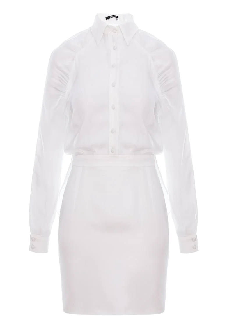 Rochie cămașă scurta cu maneci raglan din matase, Alb