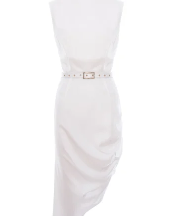 Rochie midi cu falduri asimetrice din vascoza, Alb