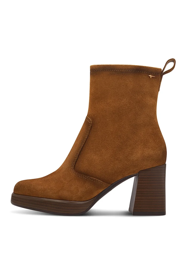 Botine de piele cu toc masiv, Maro