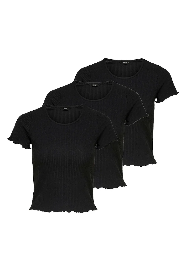 Set de tricouri slim fit cu margini valurite - 3 piese, Negru