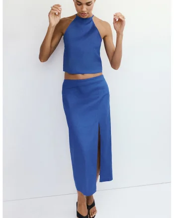 Fusta midi din amestec de in cu slit lateral, Albastru royal