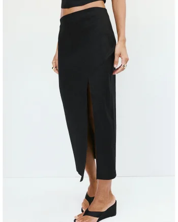Fusta midi din amestec de in cu slit lateral, Negru