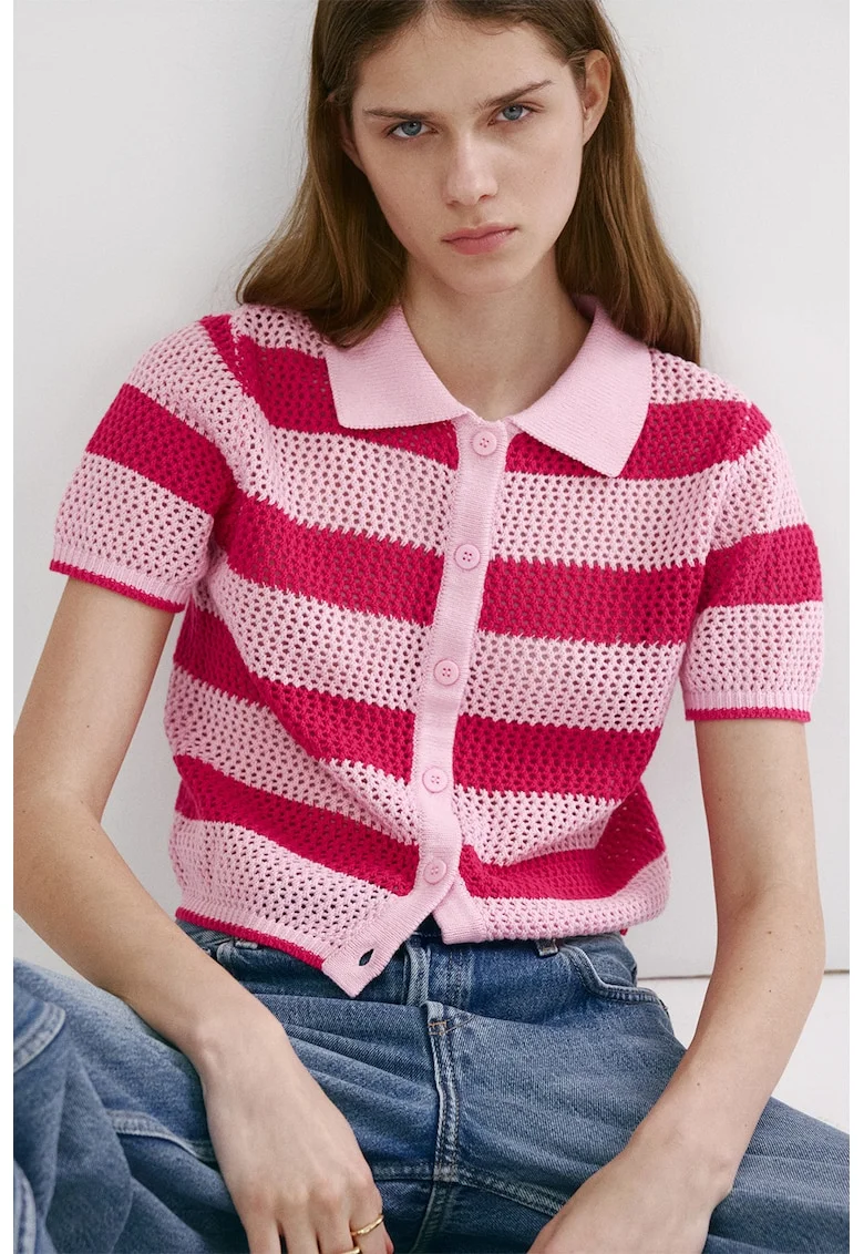 Cardigan cu maneci scurte si dungi, Fucsia/Roz deschis