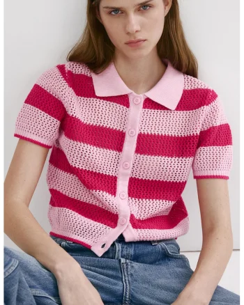 Cardigan cu maneci scurte si dungi, Fucsia/Roz deschis
