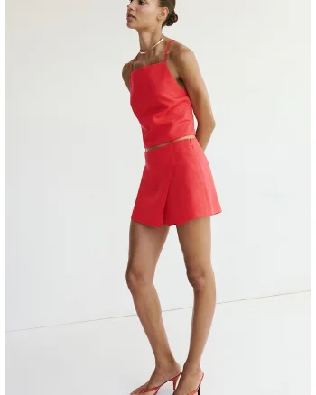 Fusta-pantalon scurta din amestec de lyocell si in cu talie medie, Coral