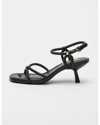 Sandale de piele ecologica cu toc si aspect impletit Jess, Negru