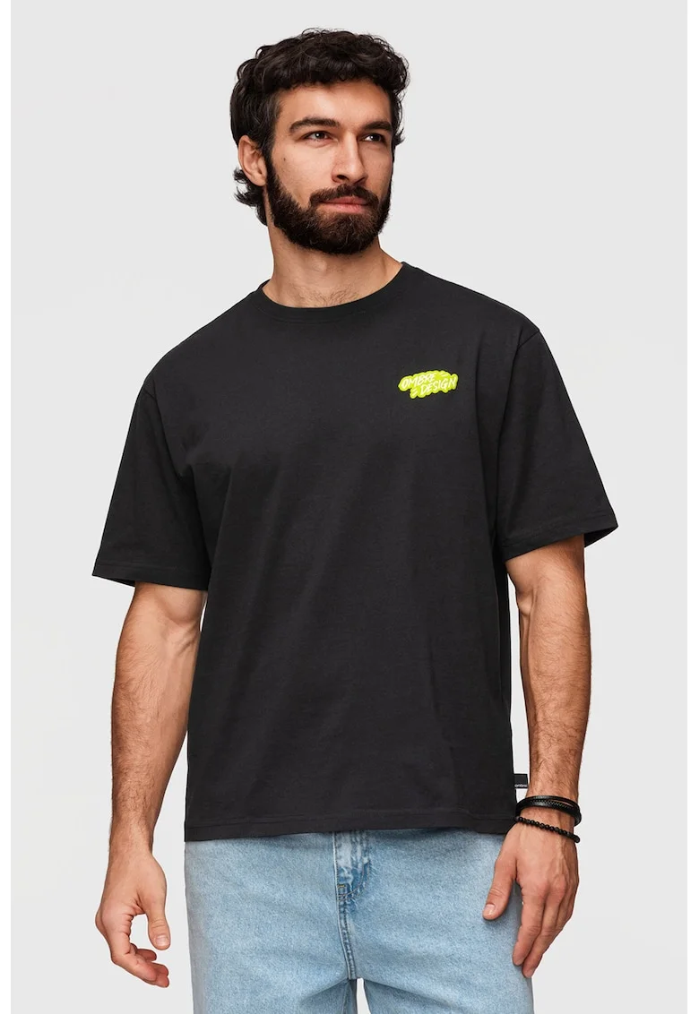 Tricou cu decolteu la baza gatului si imprimeu, Alb/Negru/Verde lime