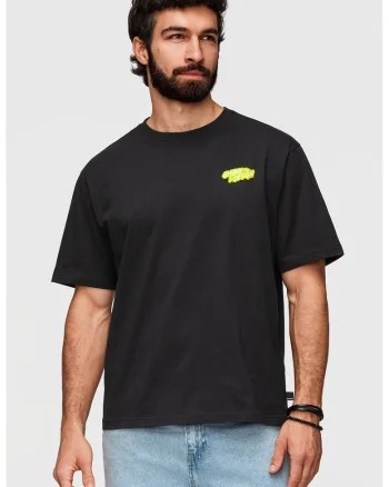 Tricou cu decolteu la baza gatului si imprimeu, Alb/Negru/Verde lime
