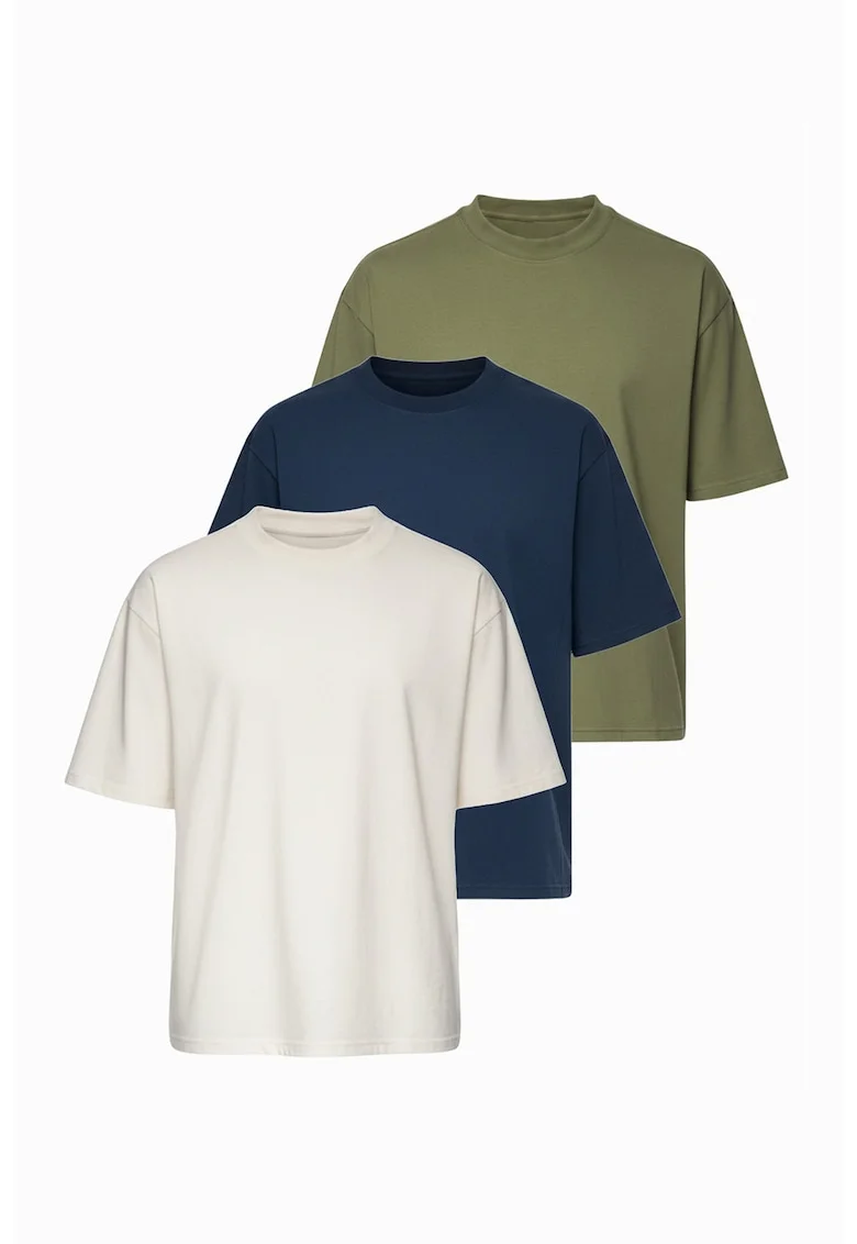 Set de tricouri din amestec de bumbac - 3 piese, Alb murdar/Verde stins/Bleumarin
