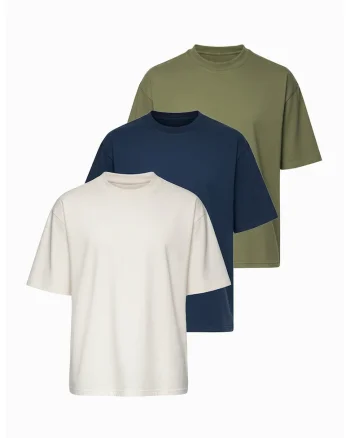 Set de tricouri din amestec de bumbac - 3 piese, Alb murdar/Verde stins/Bleumarin
