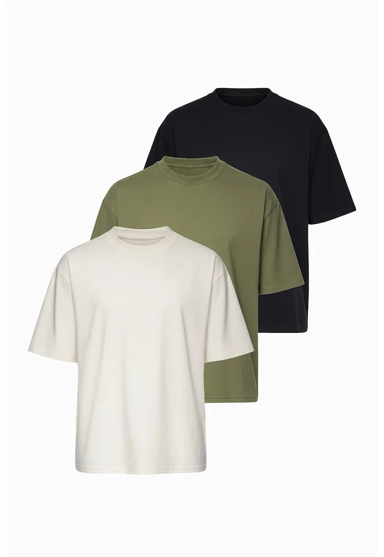 Set de tricouri din amestec de bumbac - 3 piese, Negru/Alb murdar/Verde stins