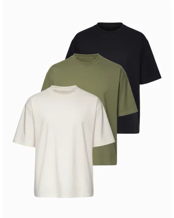 Set de tricouri din amestec de bumbac - 3 piese, Negru/Alb murdar/Verde stins