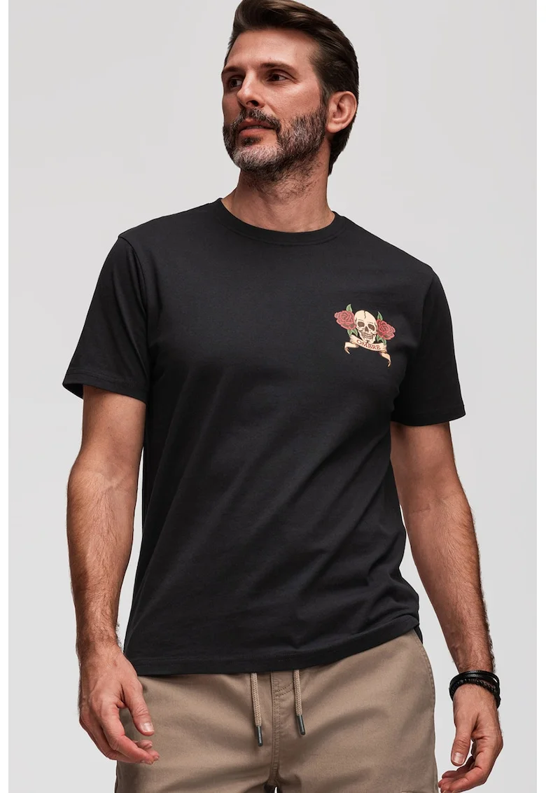 Tricou slim-fit cu imprimeu grafic, Negru/Portocaliu