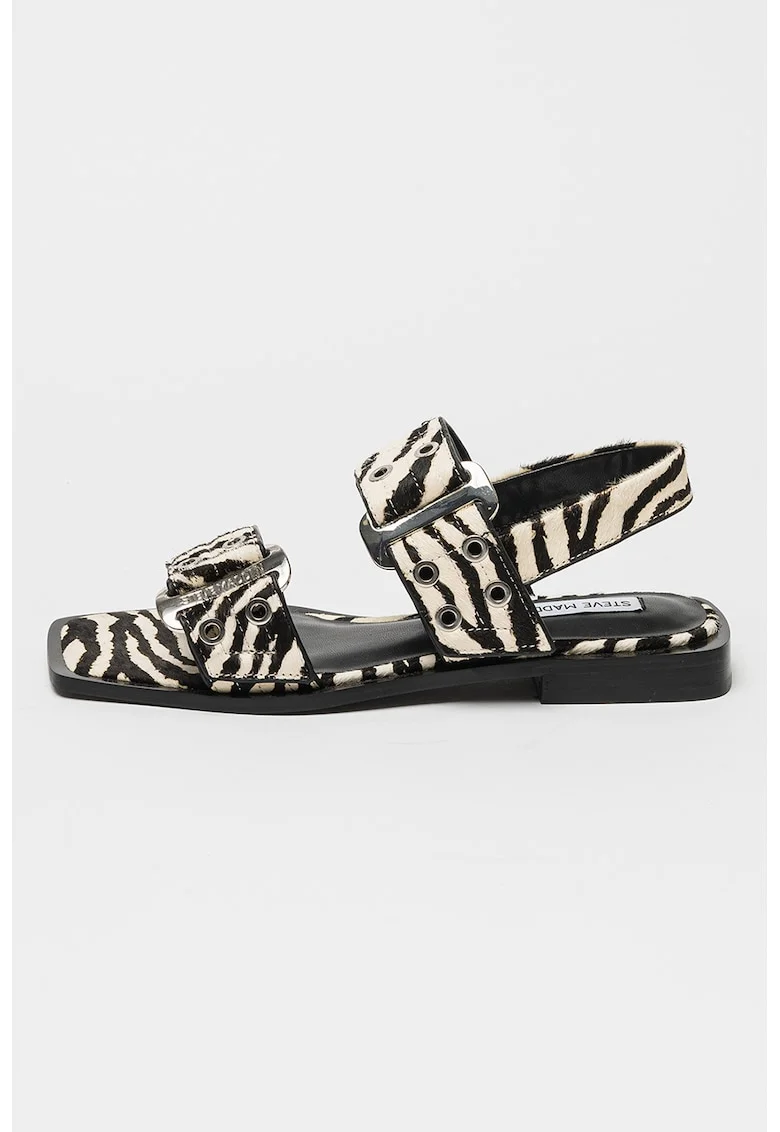 Sandale din piele cu par scurt cu animal print Saria, Alb fildes/Negru